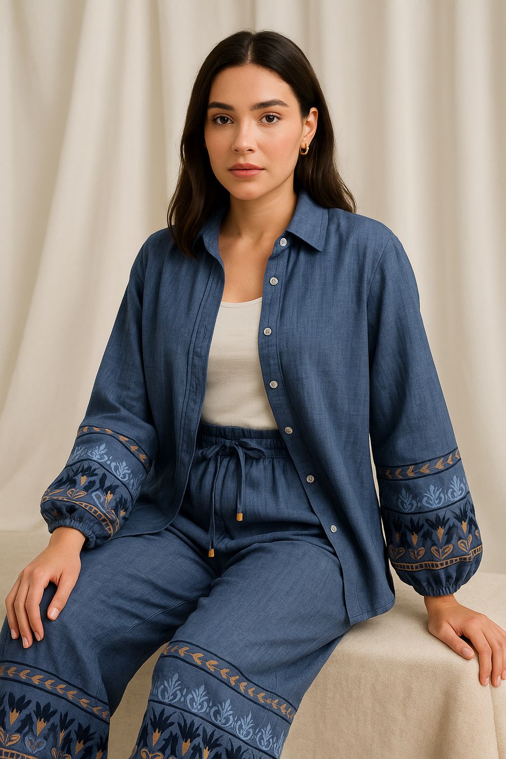 Navy Embroidered Linen Set