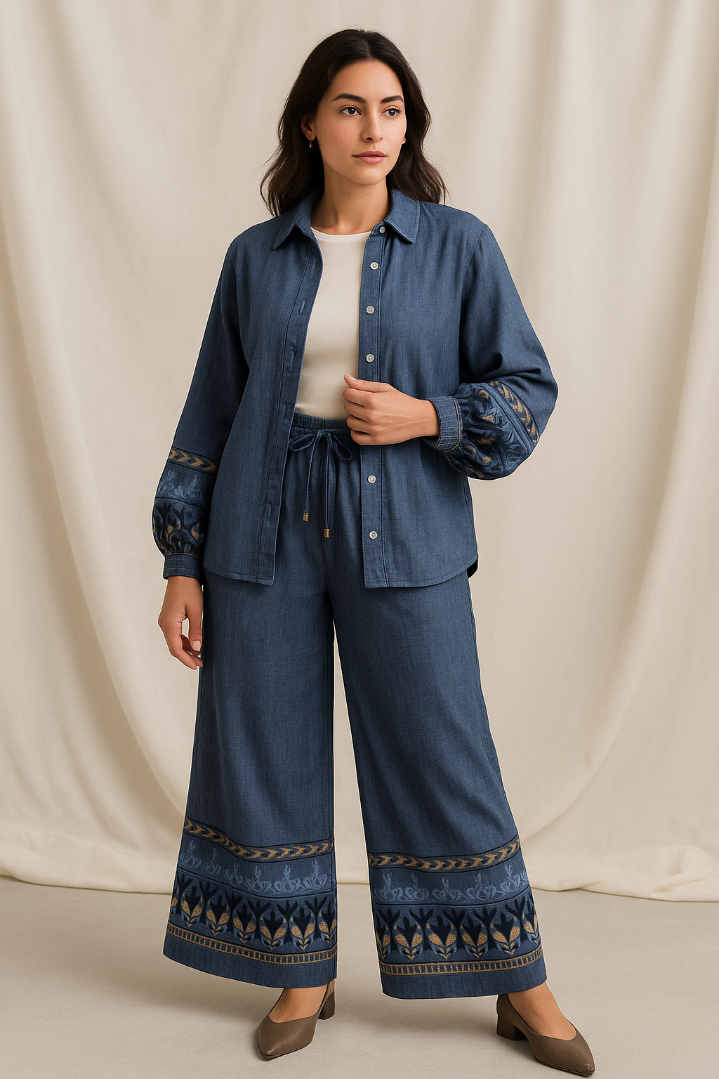 Navy Embroidered Linen Set