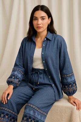 Navy Embroidered Linen Set