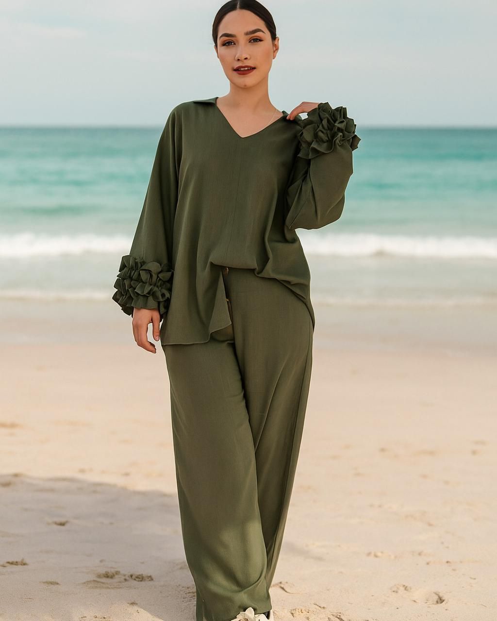 Ruffle sleeve pure linen co-ord set