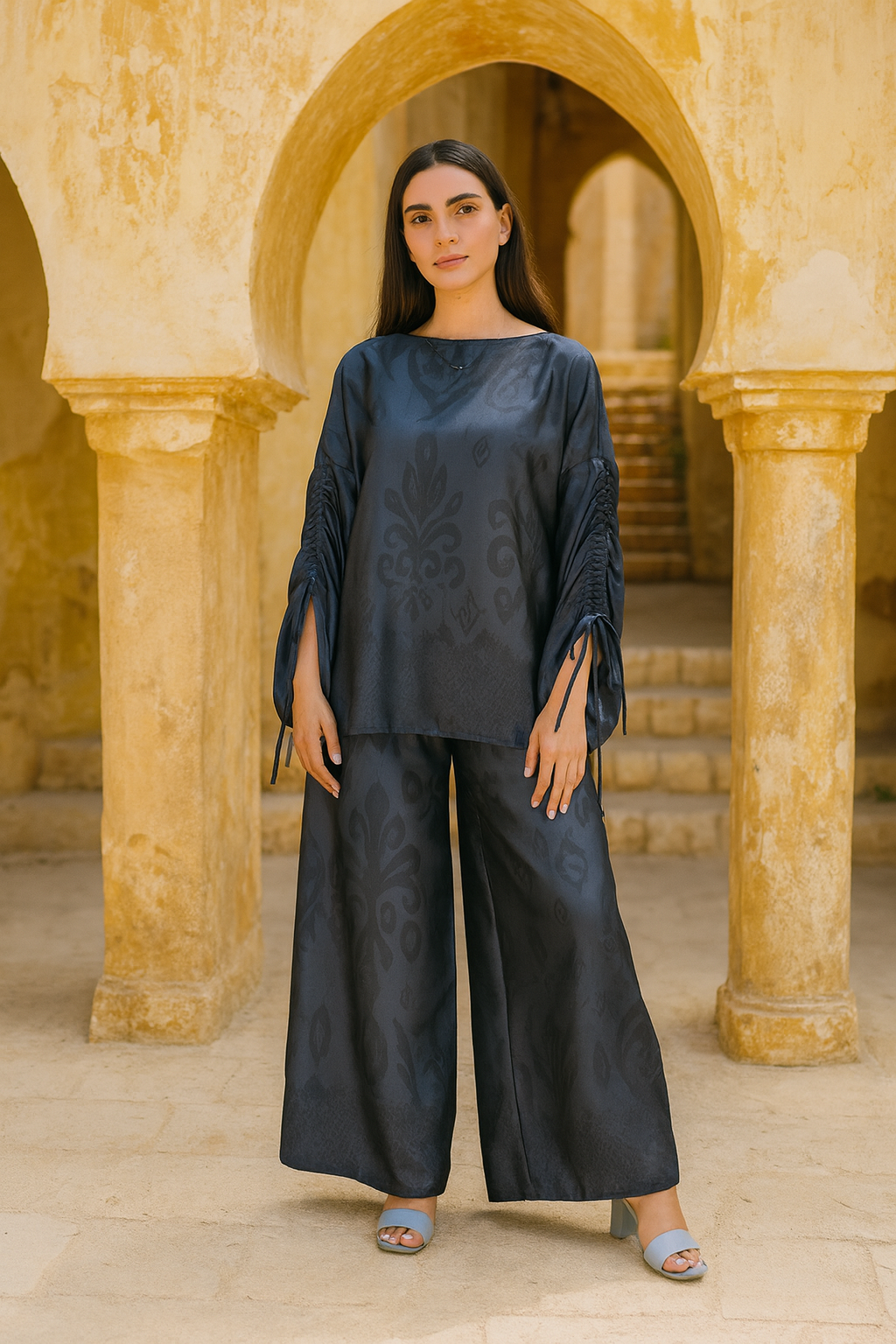 Silk Jacquard Set with Ruched Sleeves