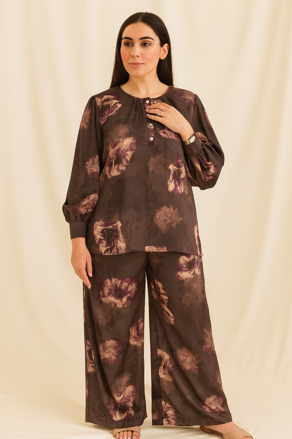 ​Floral Satin Silk Two-Piece Modest Set