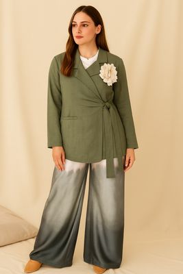 ​Sage Green Wrap Blazer & Ombre Satin Wide-Leg Pants Set