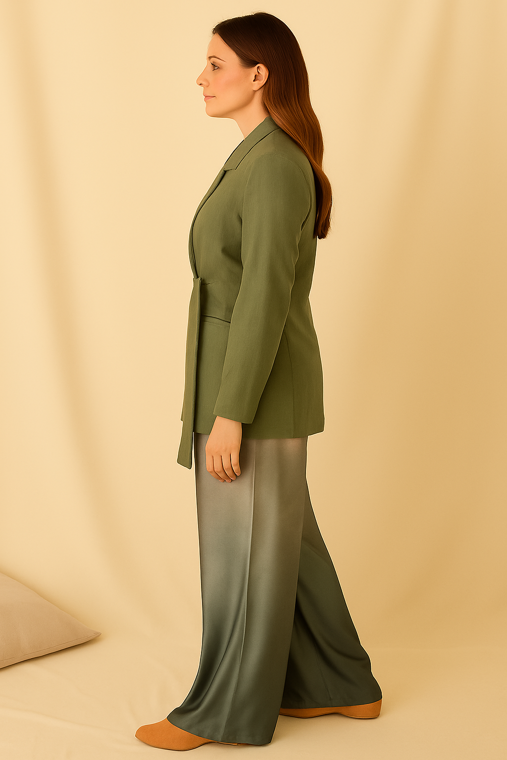 ​Sage Green Wrap Blazer & Ombre Satin Wide-Leg Pants Set