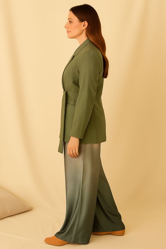 Sage Green Wrap Blazer & Ombre Satin Wide-Leg Pants Set