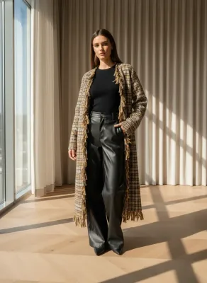 Statement Houndstooth Wool Long Cardigan