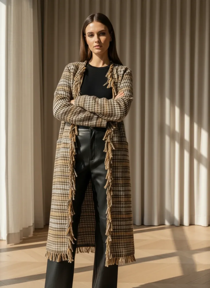 Statement Houndstooth Wool Long Cardigan