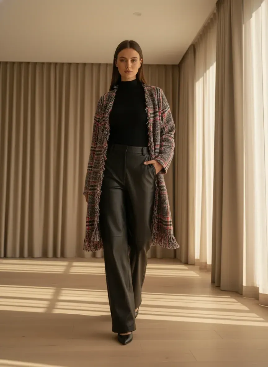 Tweed Wool Cardigan with Fringe