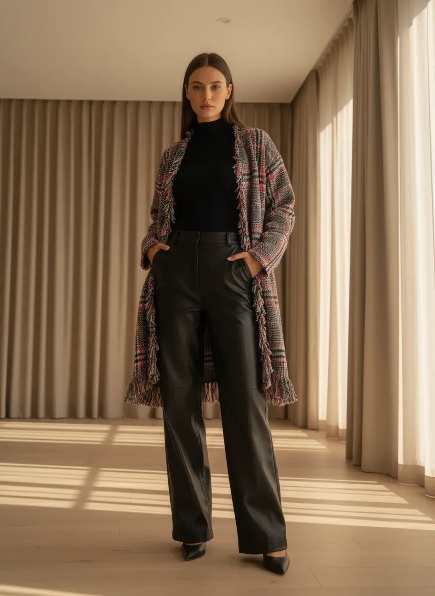 Tweed Wool Cardigan with Fringe