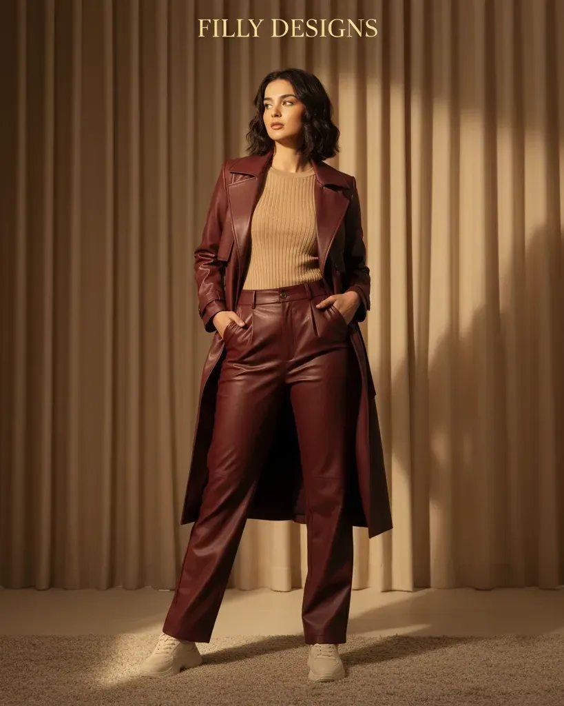 Burgundy Heritage Leather Trench Coat