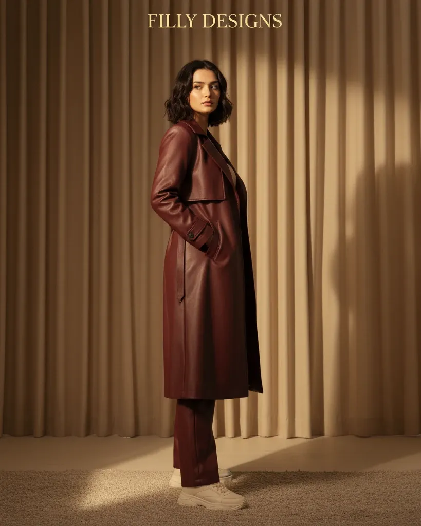 Burgundy Heritage Leather Trench Coat