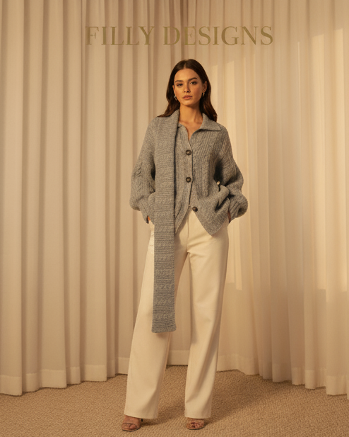 Grey Knitted Scarf-Paneled Pullover