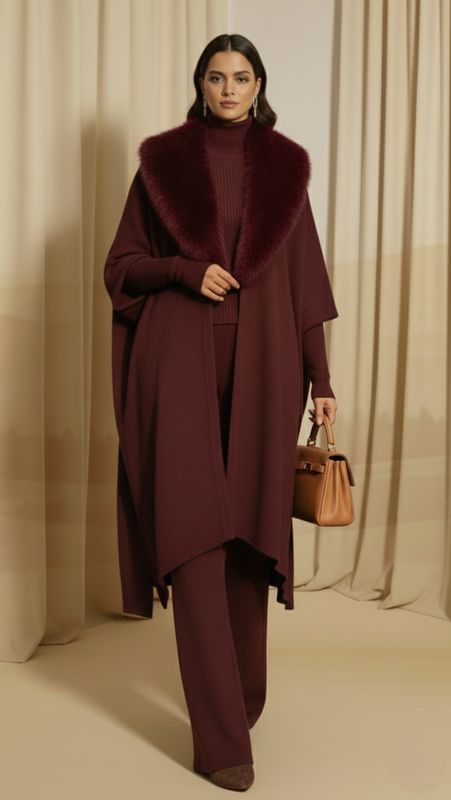 Burgundy Aurora Fur-Collar Knit Set
