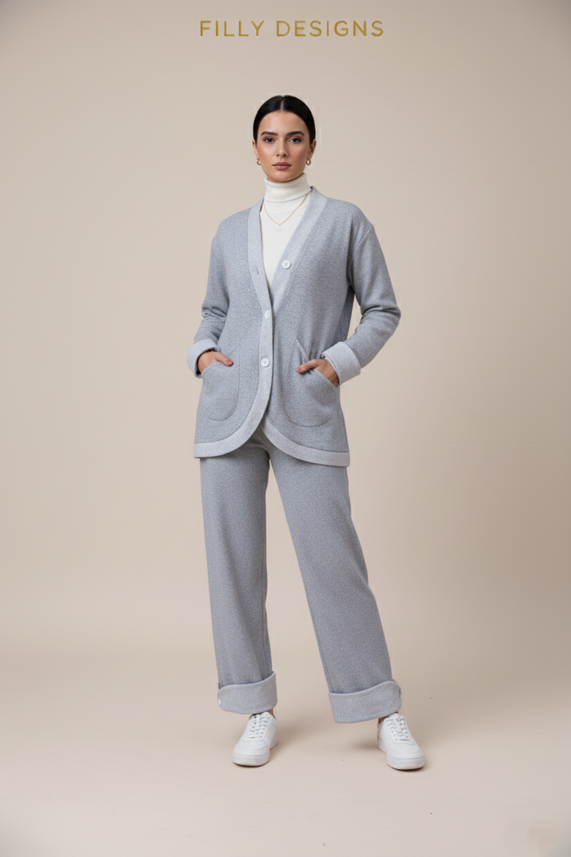 Fin Ribbed wool Heather Grey 2P-Set