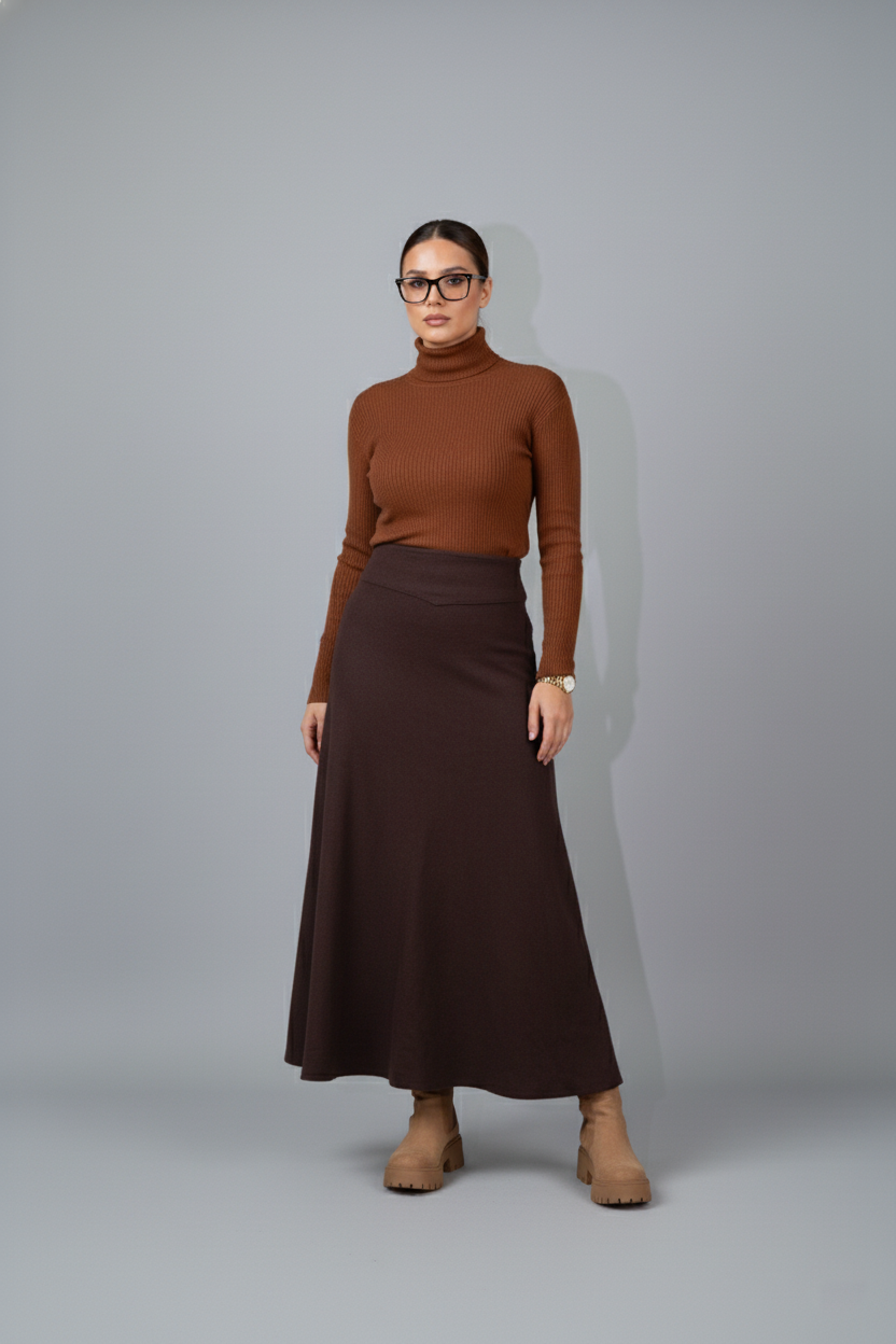 Espresso V-Waist Wool Maxi Skirt