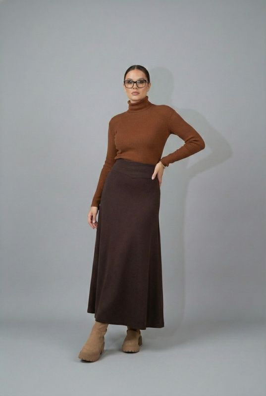 Espresso V-Waist Wool Maxi Skirt
