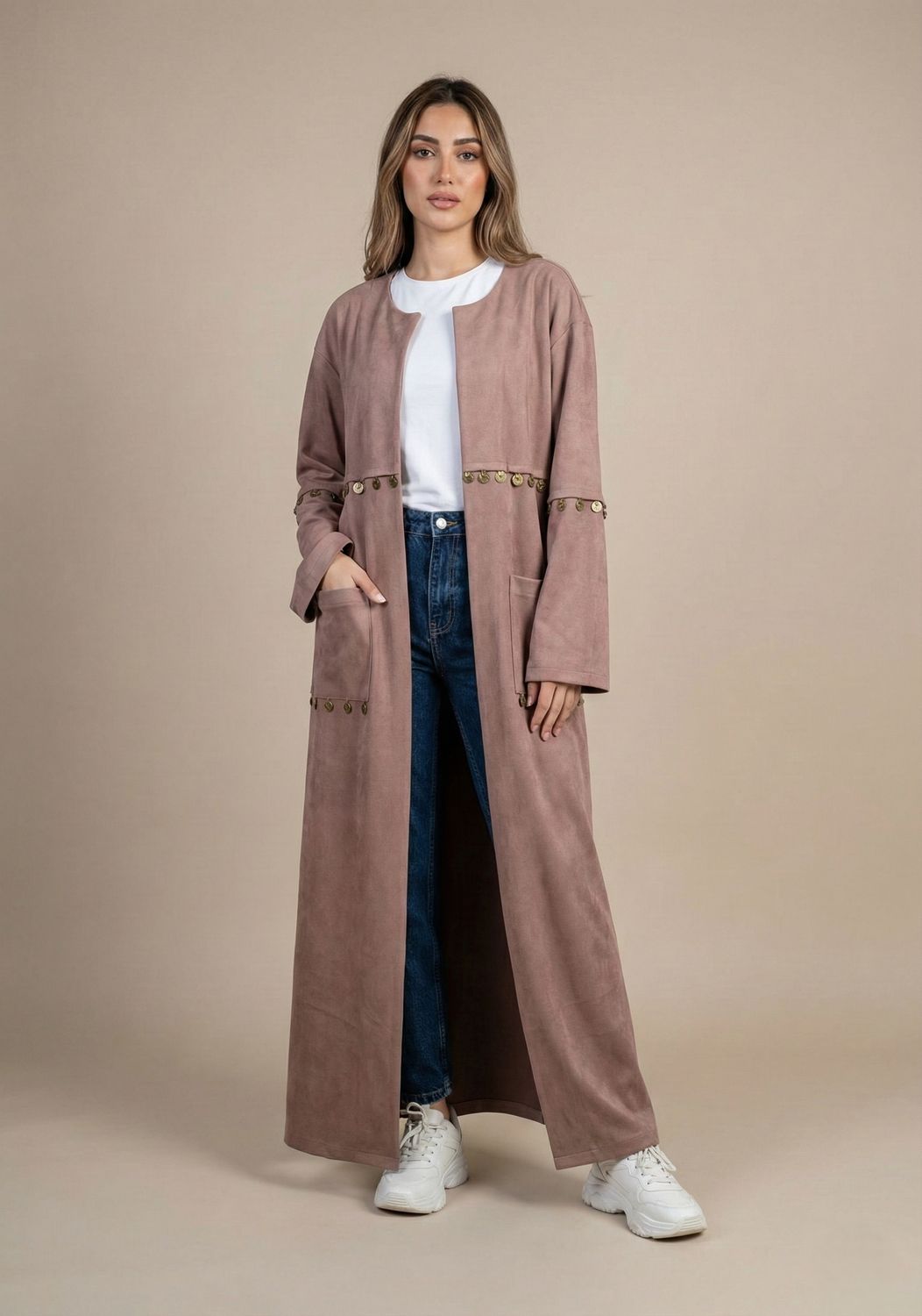 Beige Embellished Long Flowing Cardigan