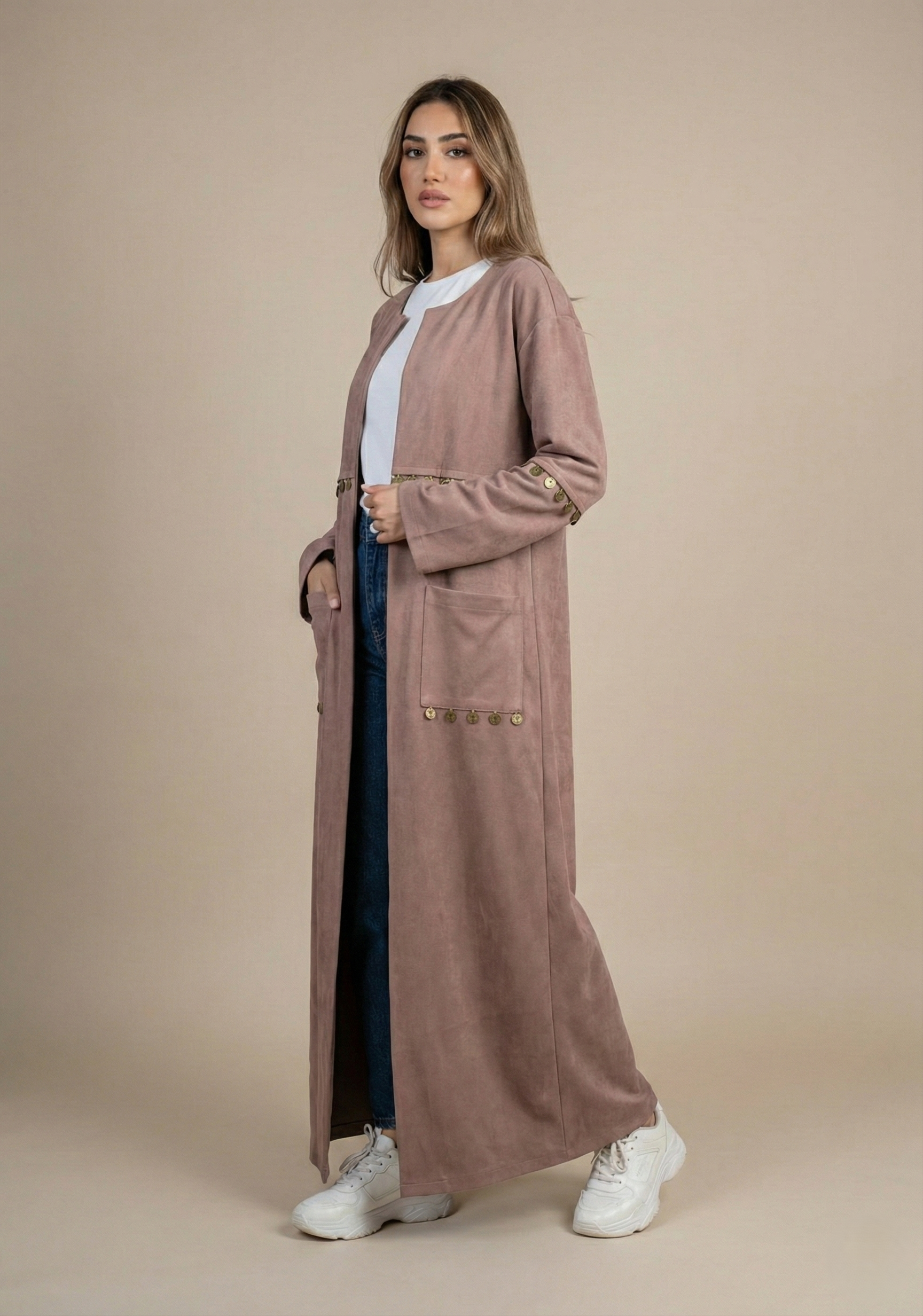 Beige Embellished Long Flowing Cardigan