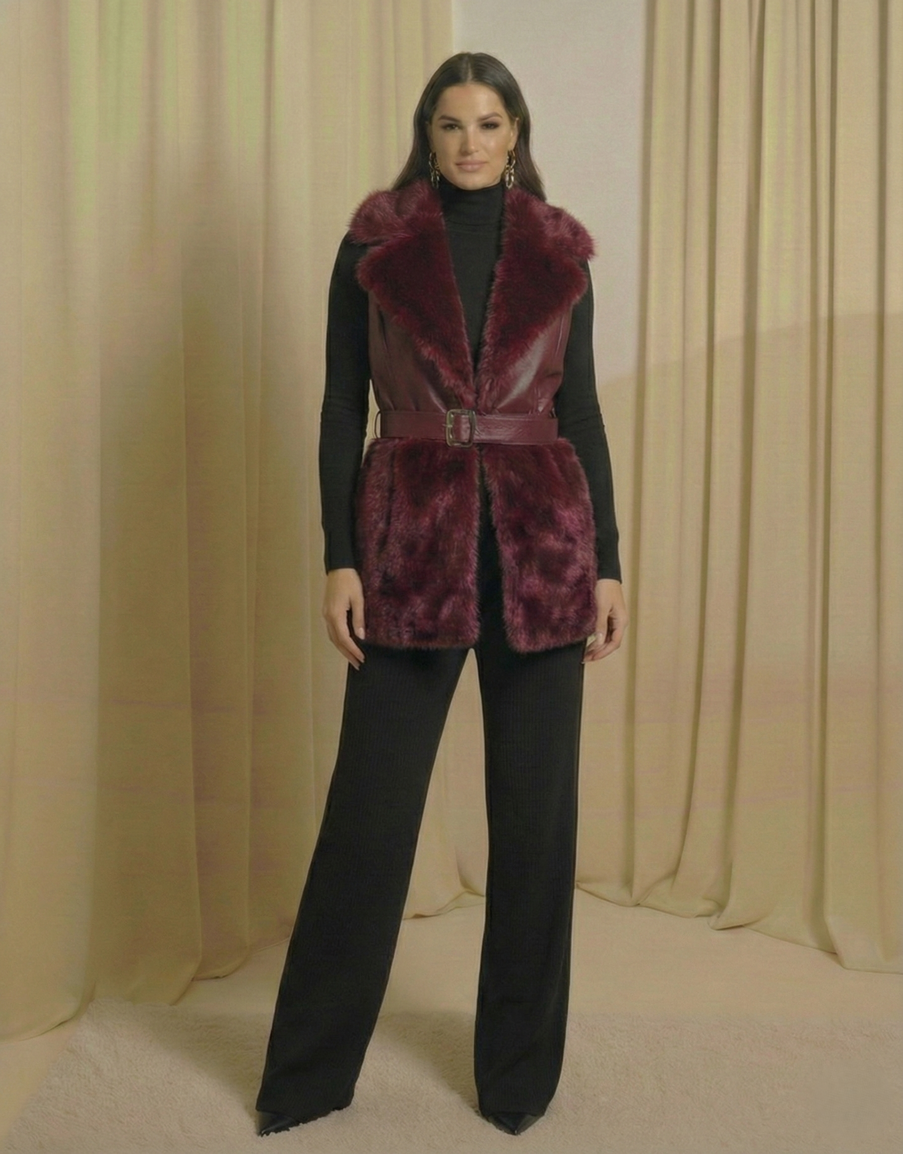 Faux Fur & Leather Belted Vest