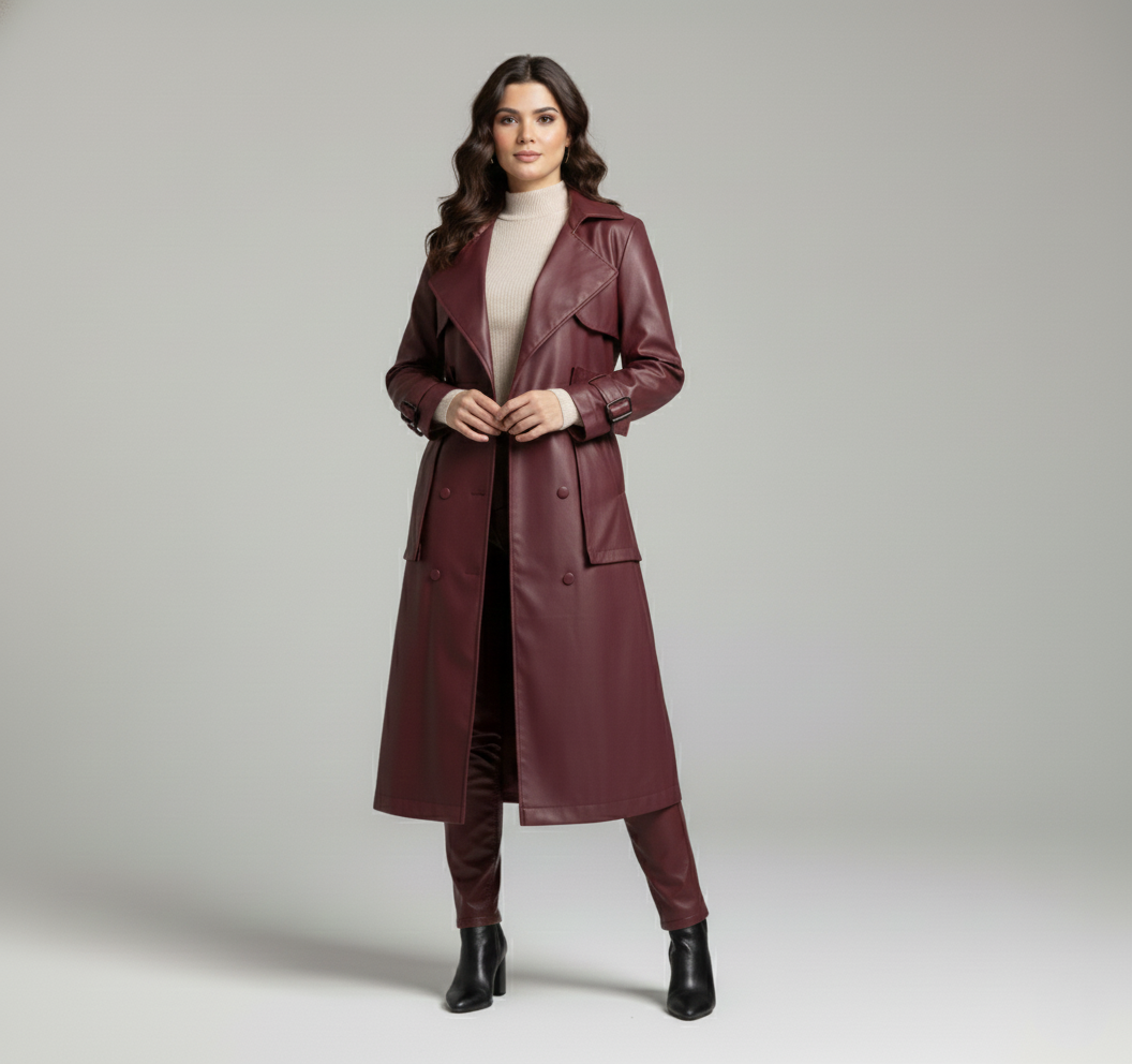 Bordeaux Luxe Leather Trench Coat