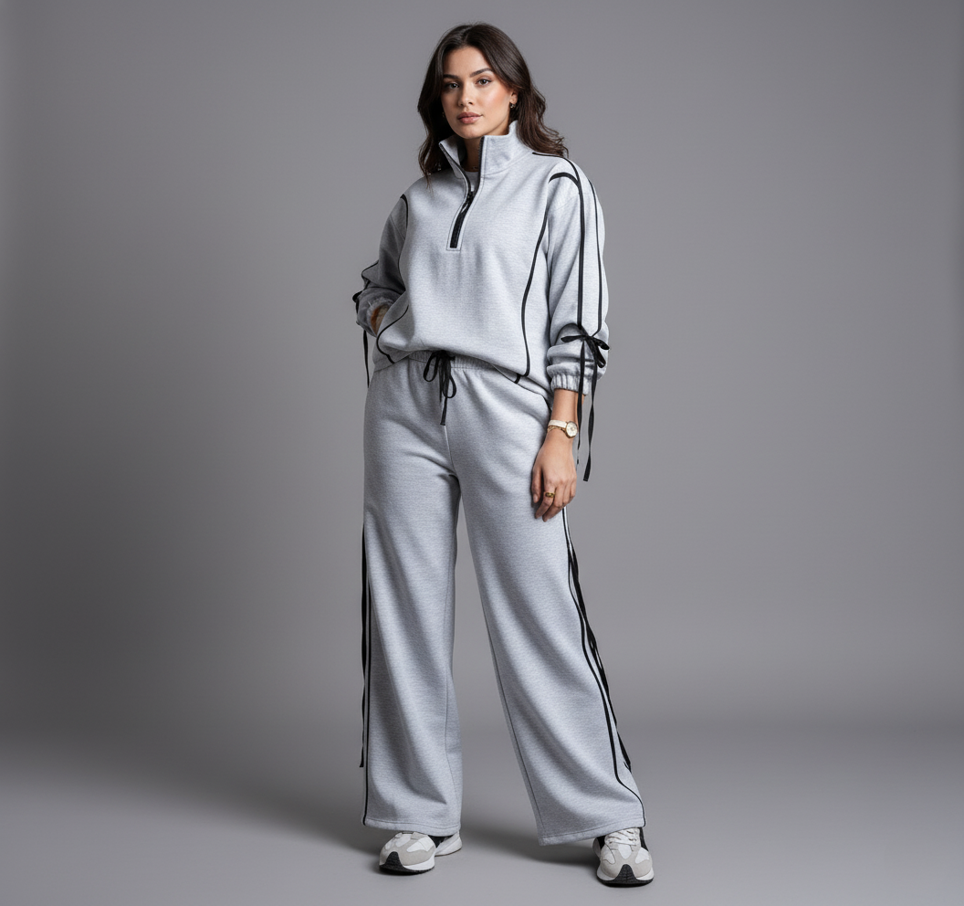 Striped Ribbon Grey half zipper 2P-Set