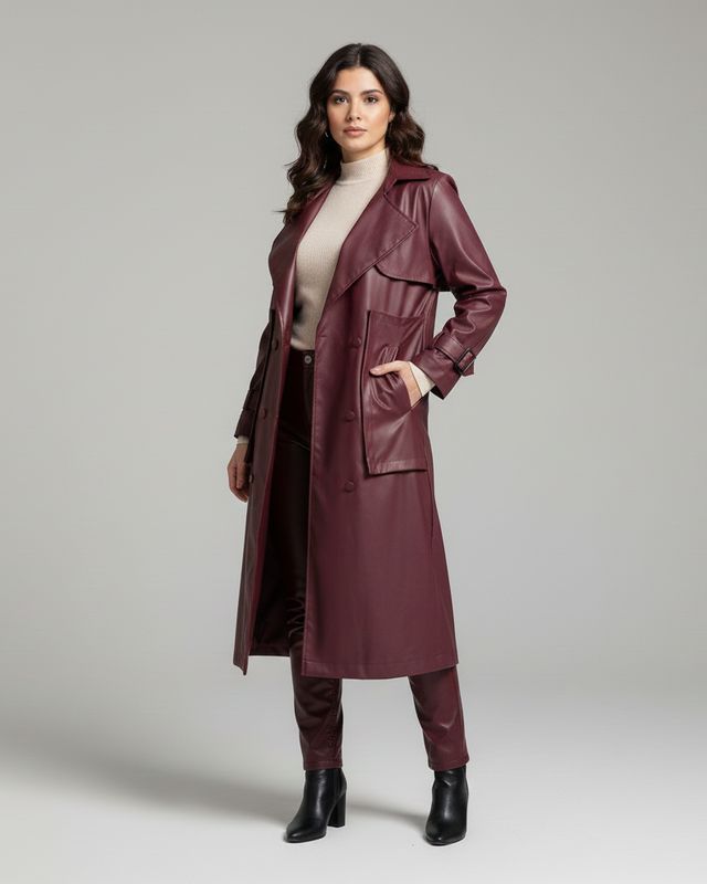 Bordeaux Luxe Leather Trench Coat