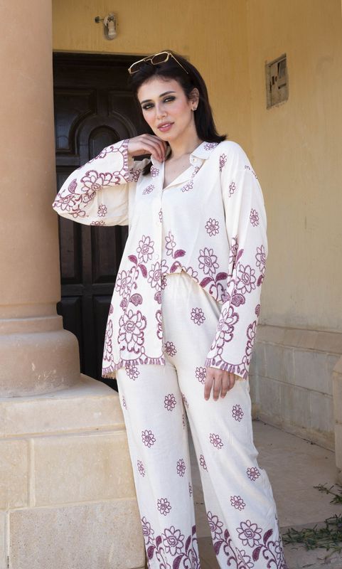 Burgundy floral Adorned Soft White Co-Ord Set