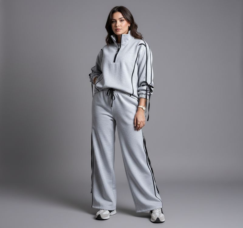 Striped Ribbon Grey half zipper 2P-Set