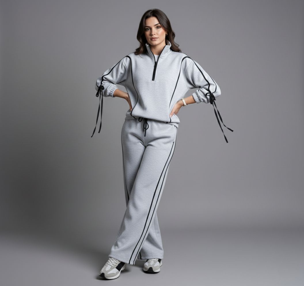 Striped Ribbon Grey half zipper 2P-Set