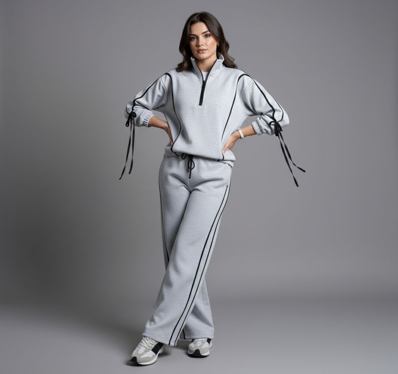 Striped Ribbon Grey half zipper 2P-Set Striped Ribbon Grey half zipper 2P-Set