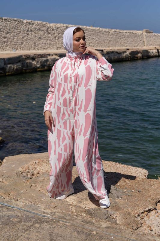 Pink Abstract Print Linen Jumpsuit Pink Abstract Print Linen Jumpsuit