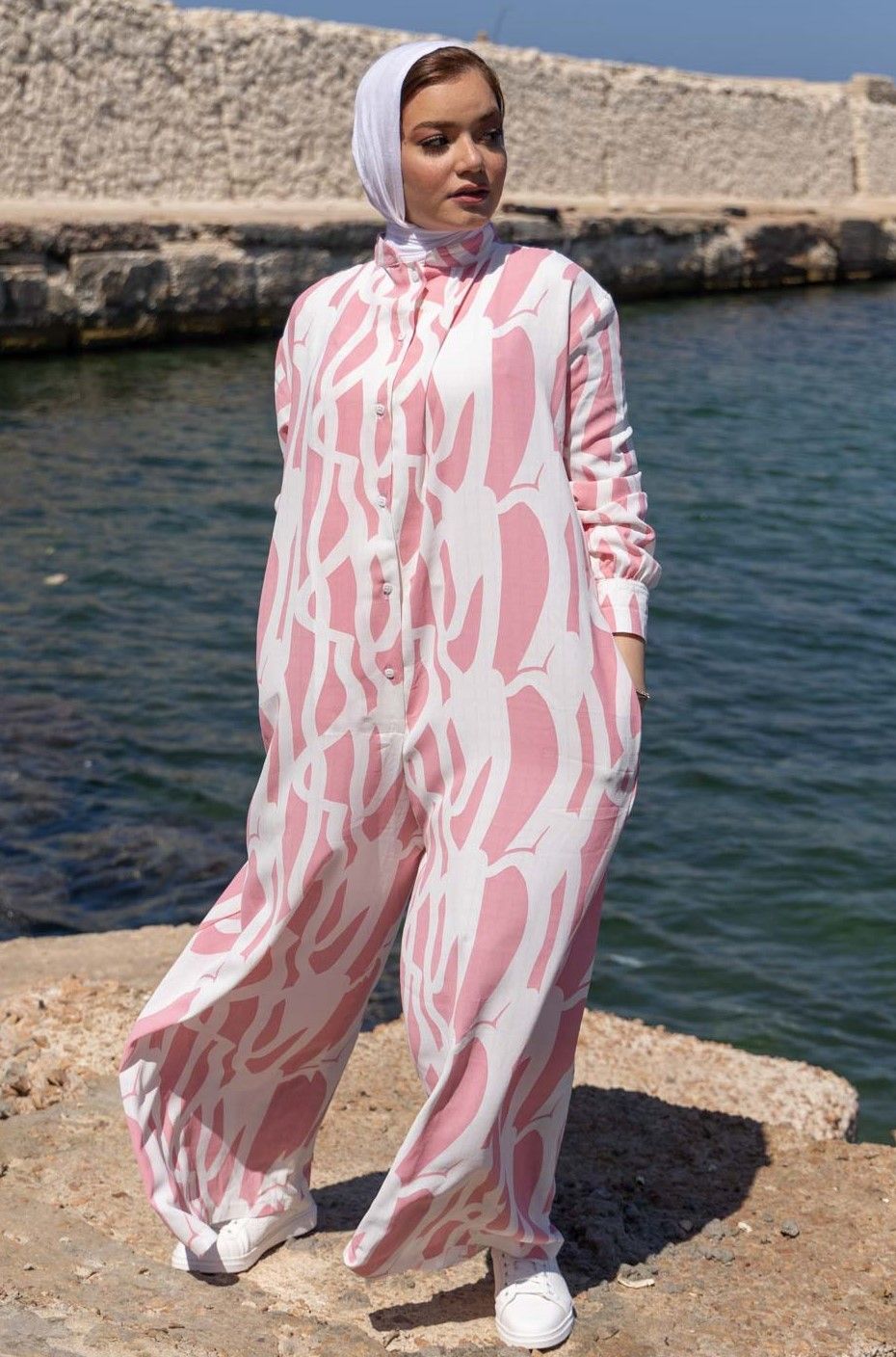 Pink Abstract Print Linen Jumpsuit