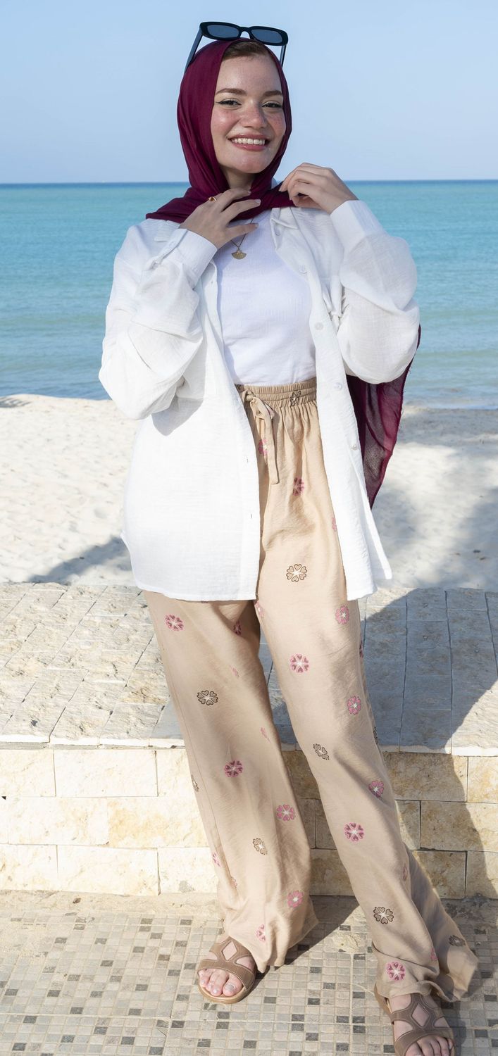 Brown Embroidered Floral Linen pant