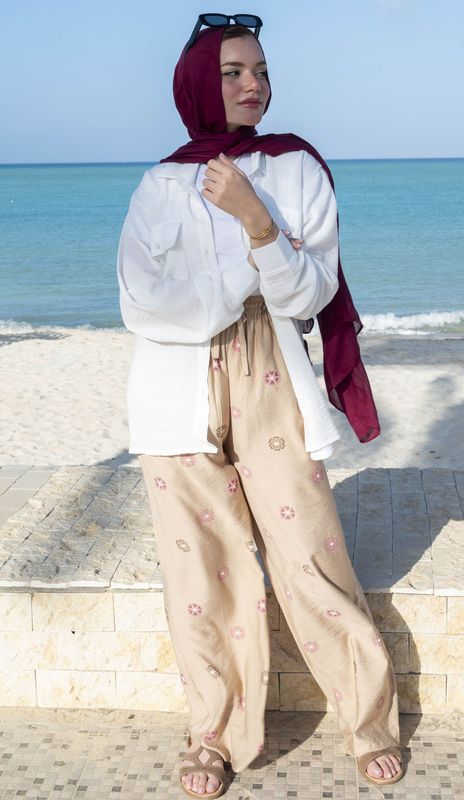 Brown Embroidered Floral Linen pant