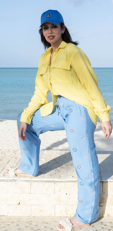 Blue Embroidered Floral Linen pant