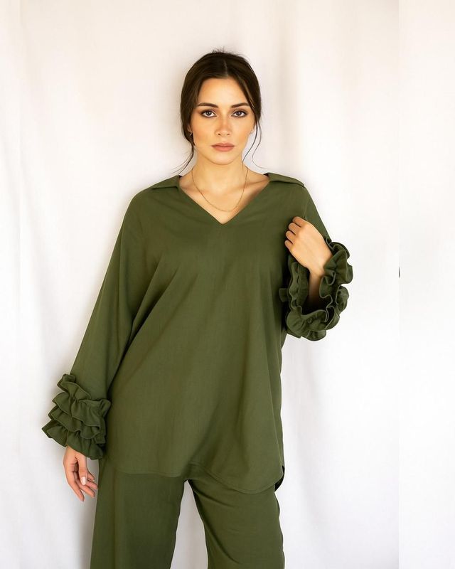 Ruffle sleeve pure linen co-ord set