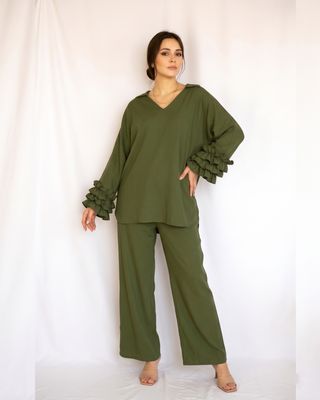 Ruffle sleeve pure linen co-ord set