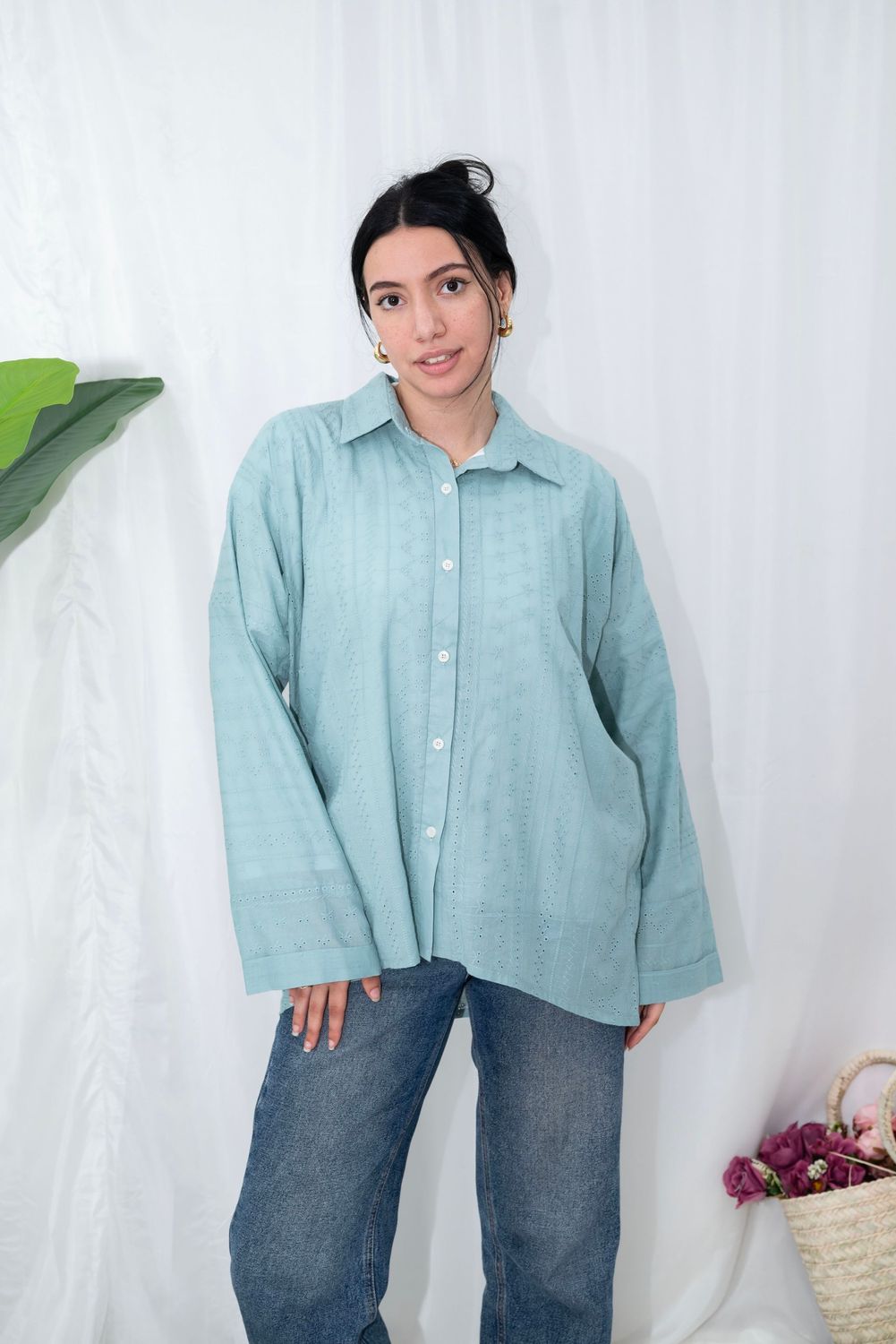 Embroidered Cotton Eyelet Button-Down Shirt