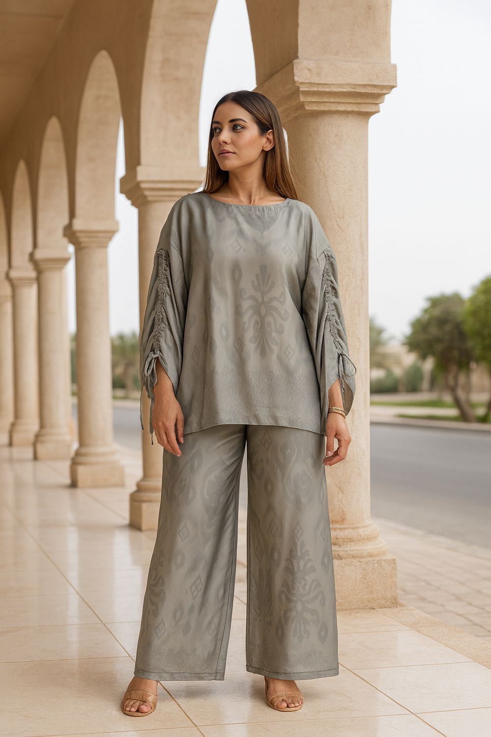 Silk Jacquard Set with Ruched Sleeves