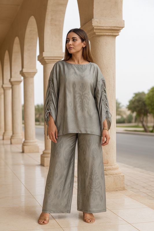Silk Jacquard Set with Ruched Sleeves