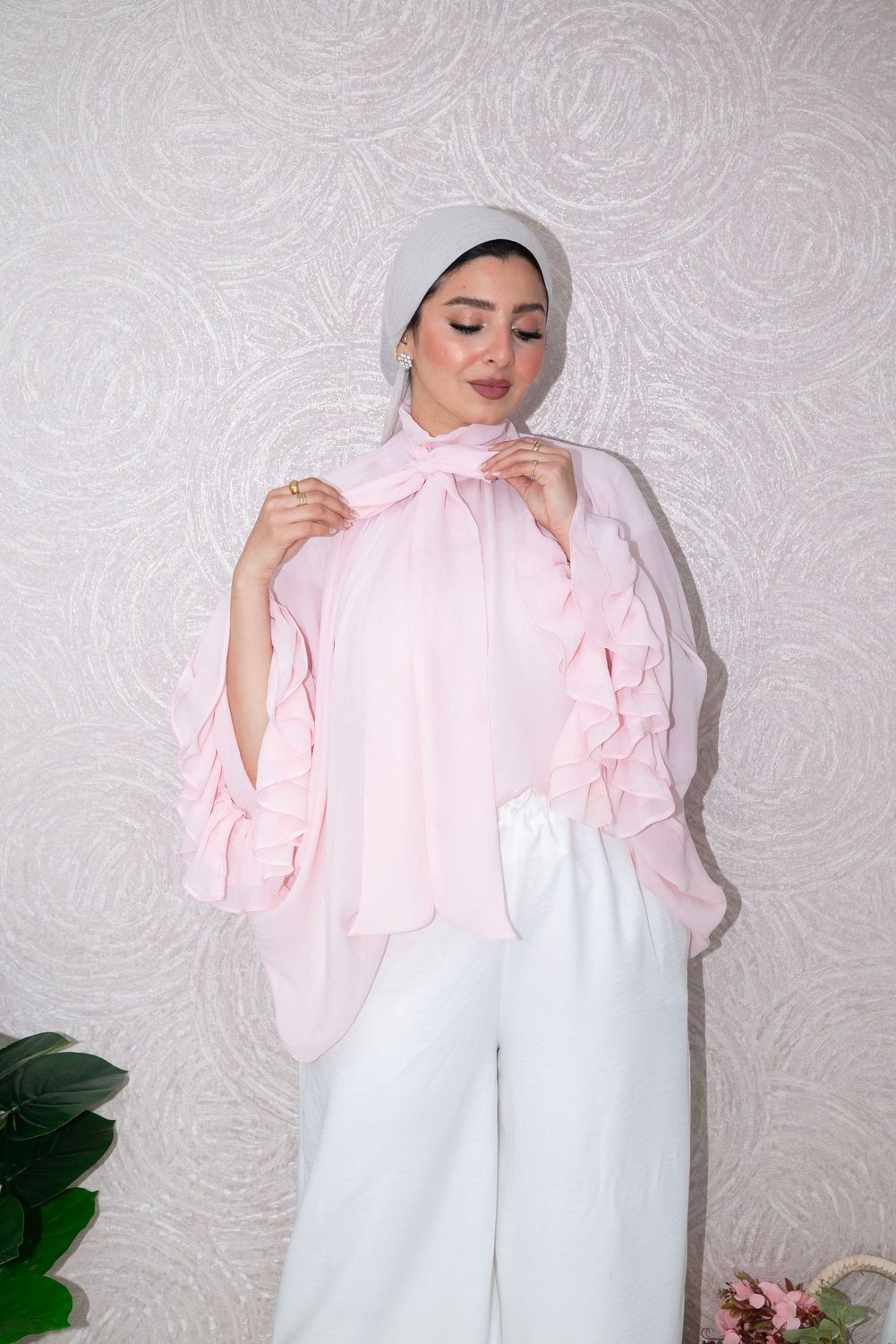 Ruffle Sleeve Chiffon Blouse with Bow Neck Tie