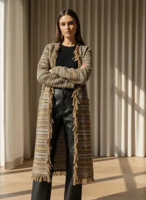 Statement Houndstooth Wool Long Cardigan