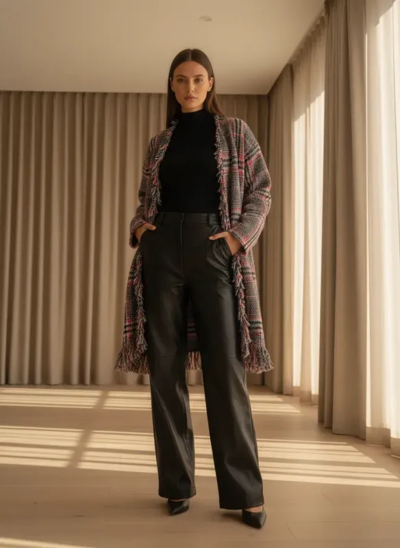 Tweed Wool Cardigan with Fringe