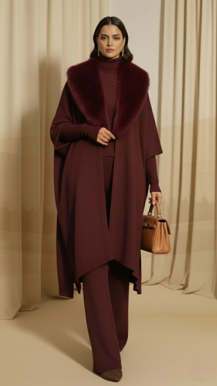 Burgundy Aurora Fur-Collar Knit Set