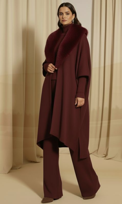 Burgundy Aurora Fur-Collar Knit Set