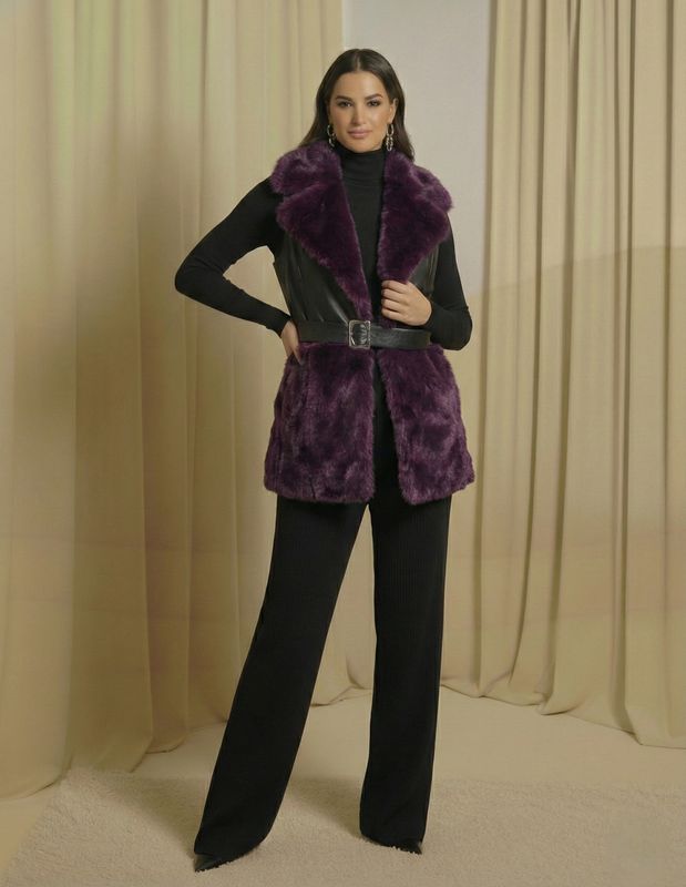 Faux Fur & Leather Belted Vest Faux Fur & Leather Belted Vest