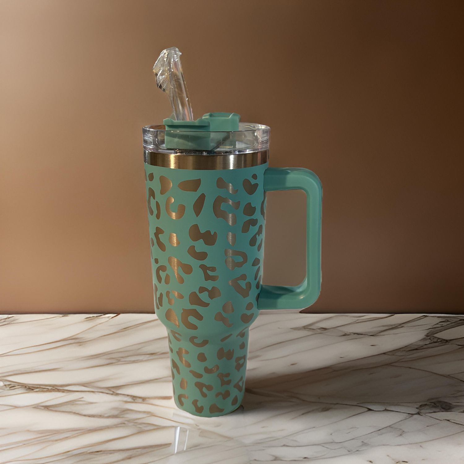 40oz Insulated Cup - Teal Leopard Print