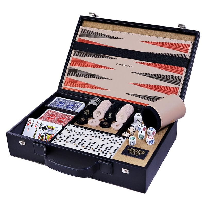 Set de Casino, Domino, Poker, Naipes Backgammon o Ajedrez y cubilete Lujoso portafolio en curpiel