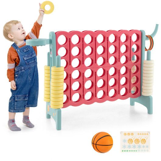 4-in-a-Row Connect Game with Basketball Hoop and Toss Ring-Blue - Color: Blue