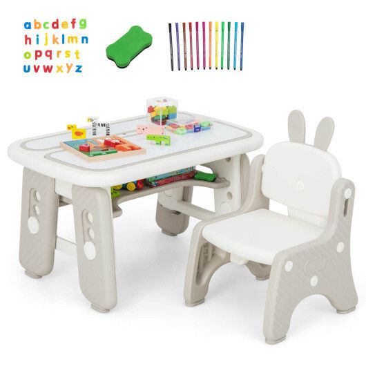 Kids Table and Chair Set with Flip-Top Bookshelf-Gray - Color: Gray